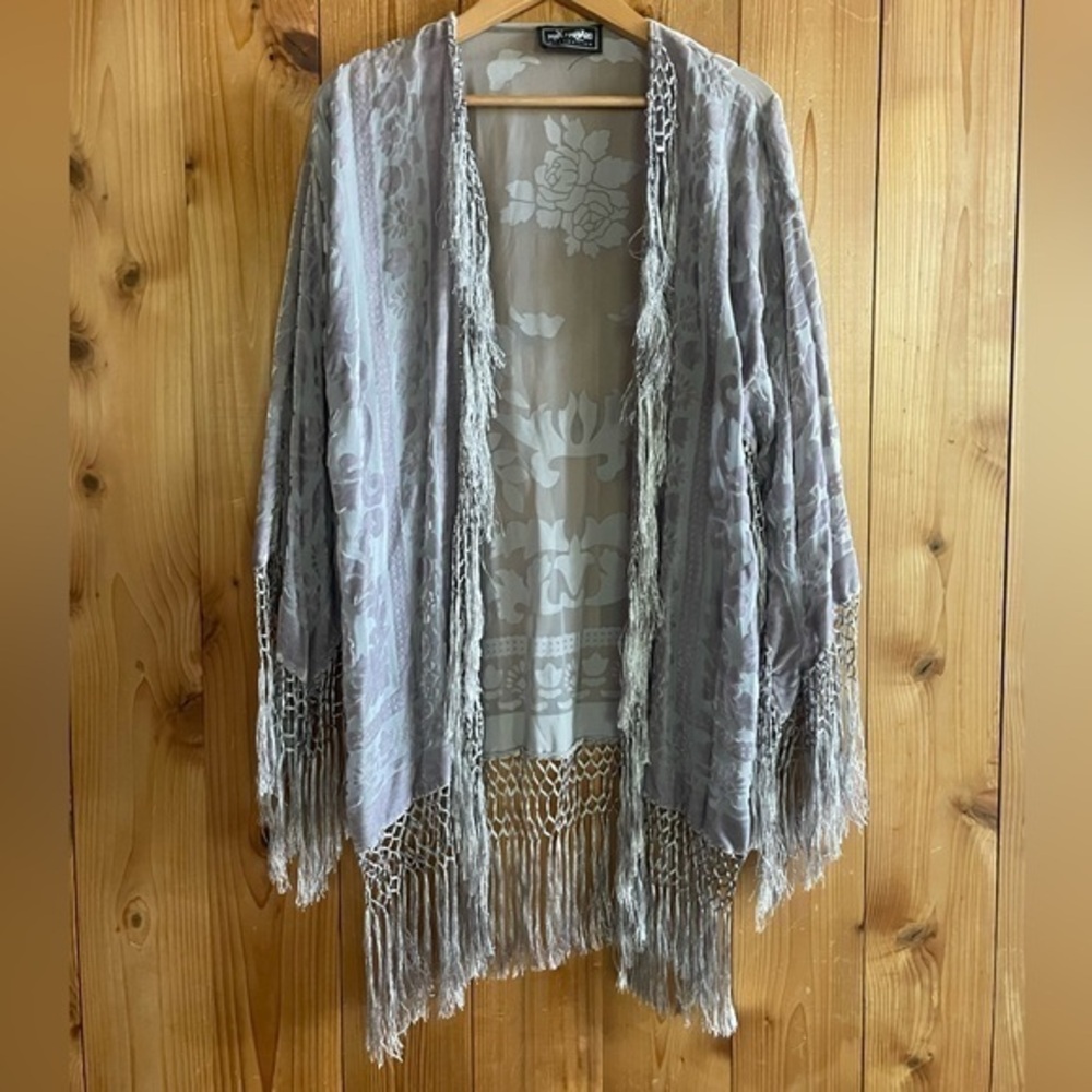 Maya Matazaro Silk Burnout Velvet Kimono Fringe Jacket NWT